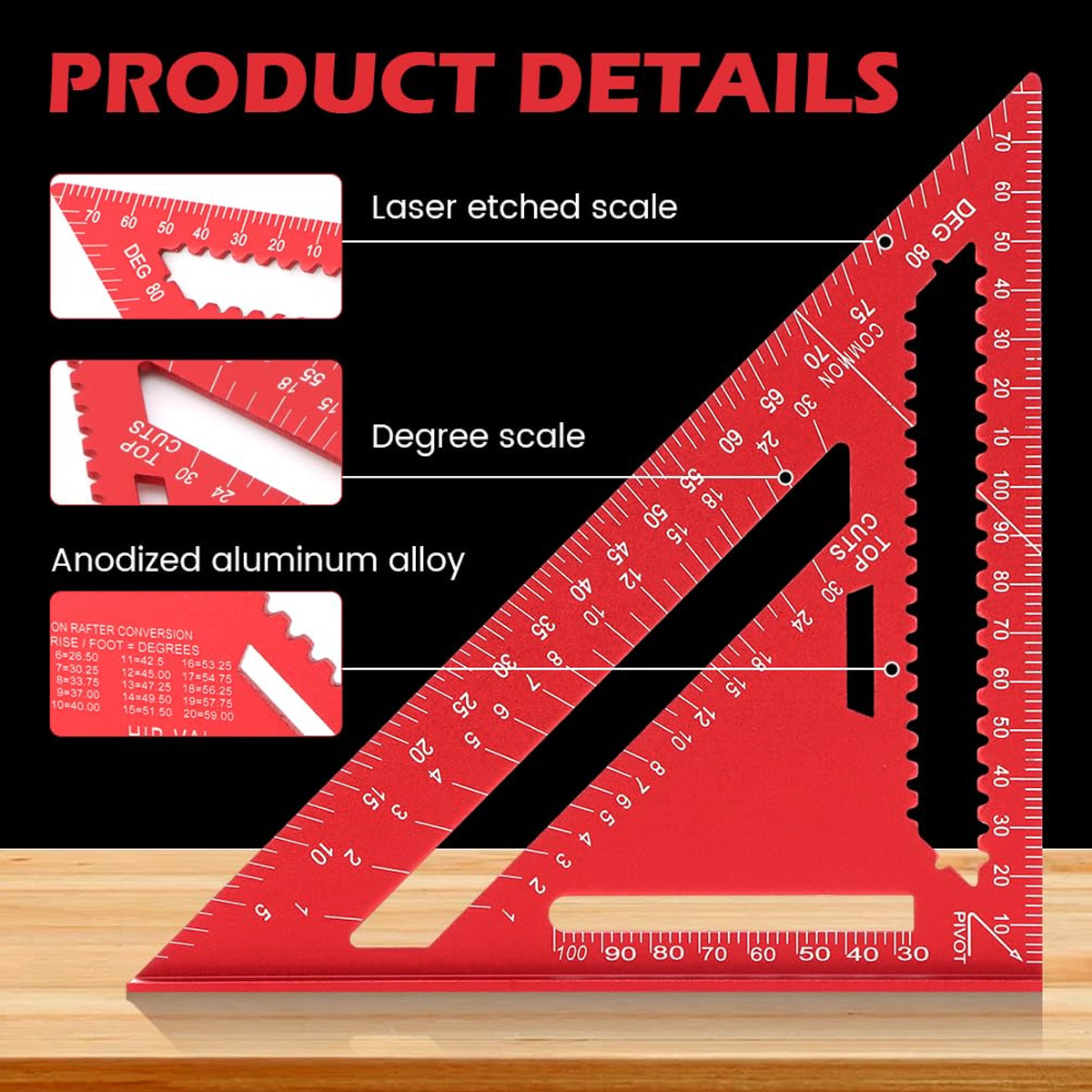Woodworking Groove - Aluminium-Legierung Winkellineal Hochpräzises Metrisches Dreiecklineal Holzbearbeitungs-Winkelmesswerkzeug