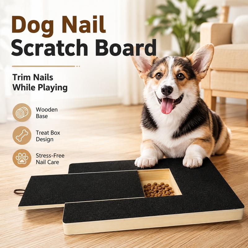 Woodworking Magazine - Hölzernes Hunde-Kratzbrett mit Leckerlibox, herausziehbarer Schleifpapier-Pfotenfeilen-Schleifer